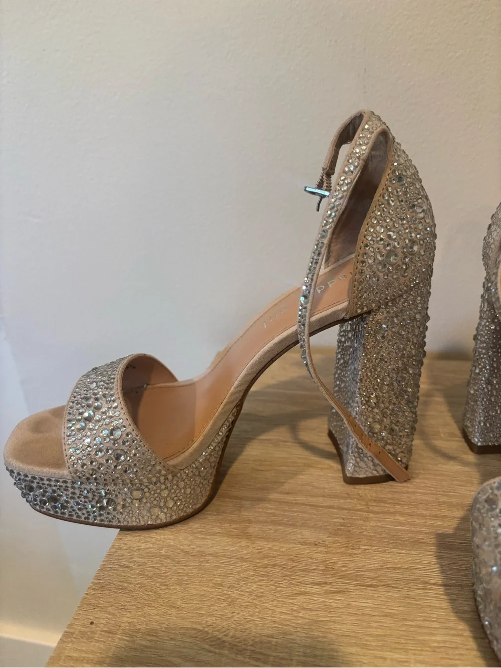 Madden Girl Nude Rhinestone Platform Block Heels